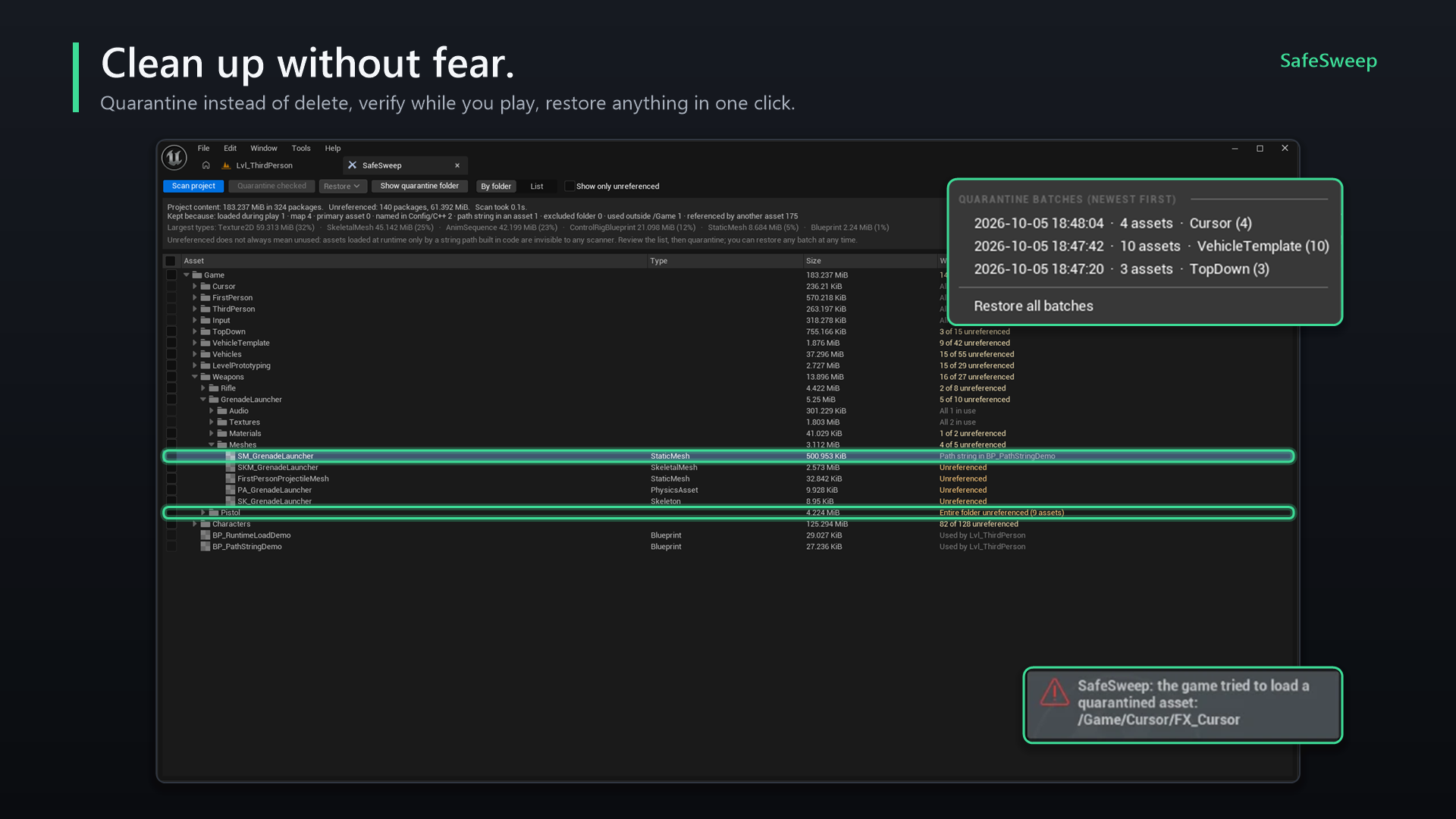 SafeSweep folder view with the restore menu and a play-session warning