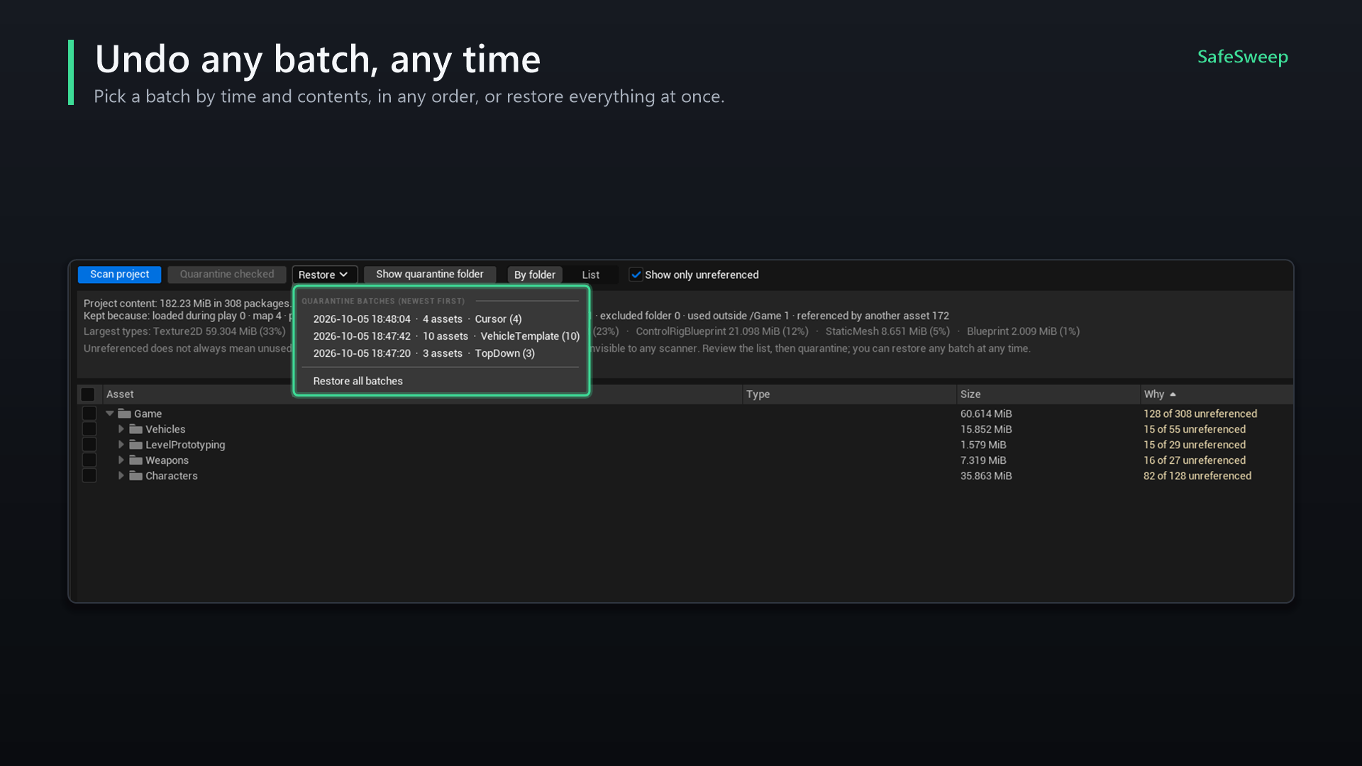 Restore menu listing three quarantine batches